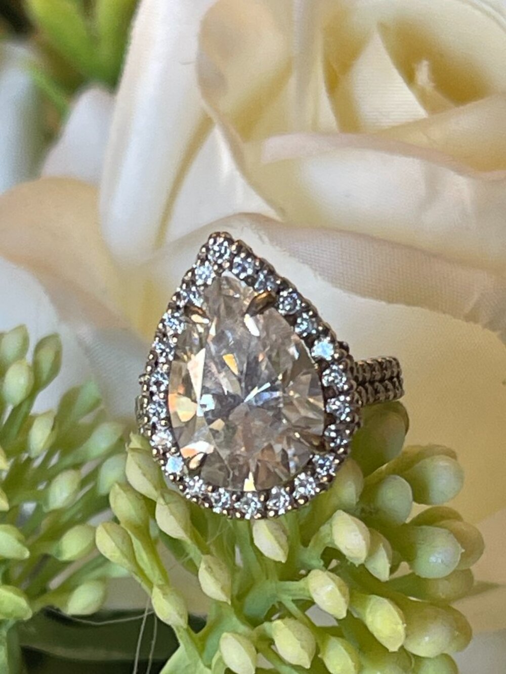Pear Cut Halo Moissanite Engagement Ring, 5 CT Pear. Sterling Silver.